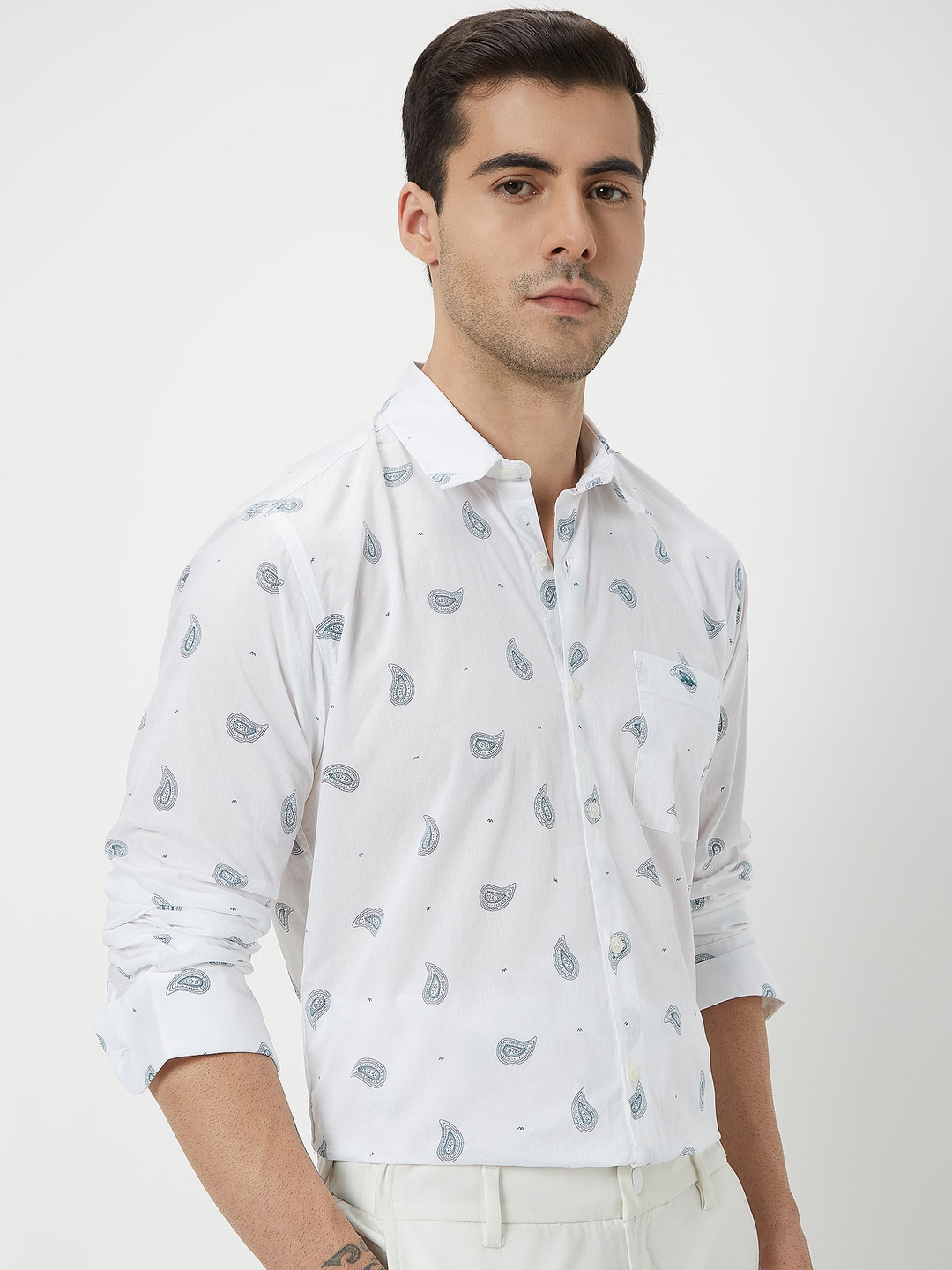 

Mufti Spread Collar Long Sleeves Classic Slim Fit Abstract Printed Casual Cotton Shirt, White