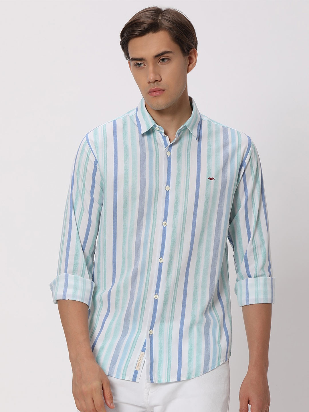

Mufti Men Lime Green Classic Slim Fit Opaque Striped Casual Shirt