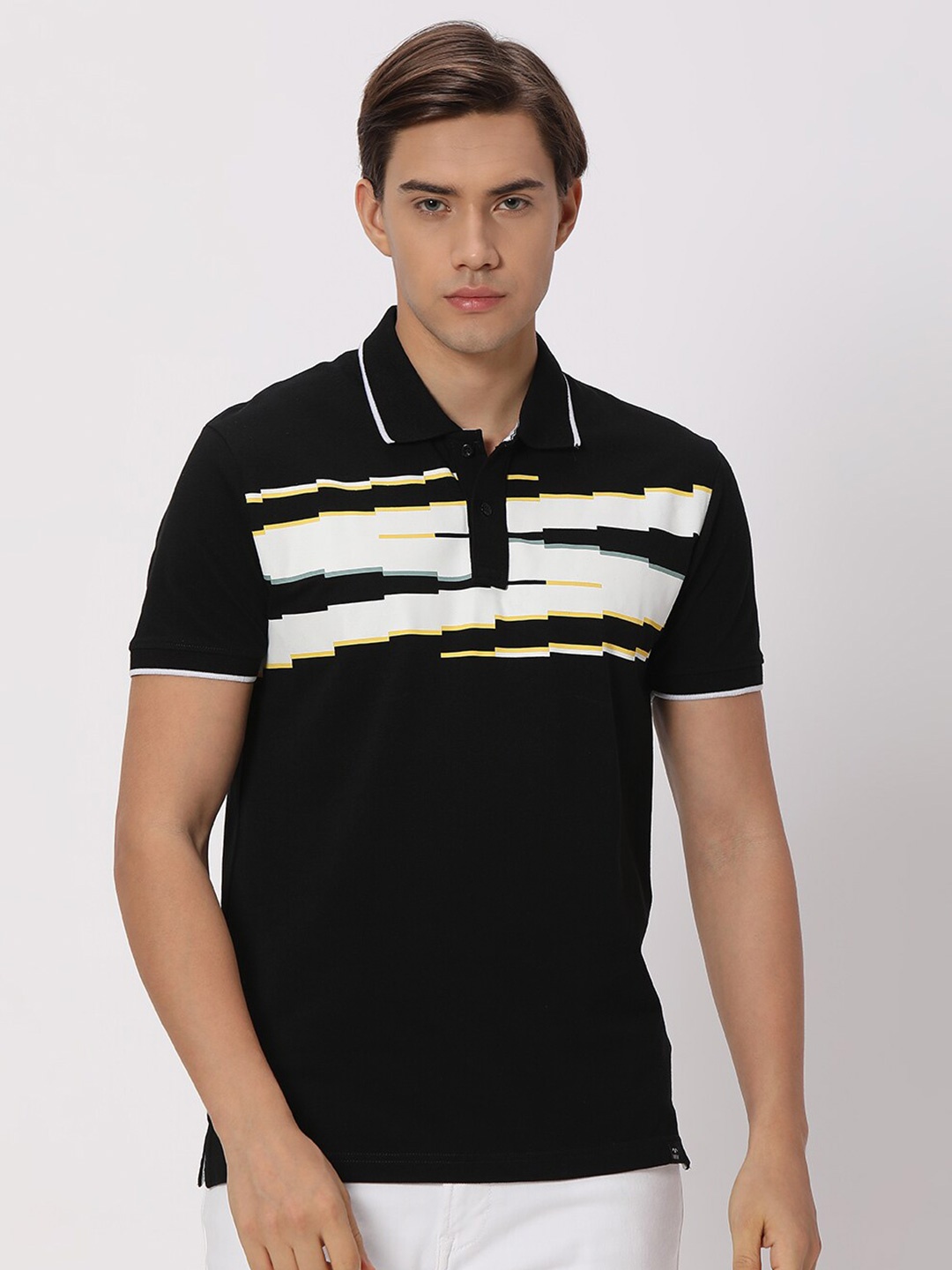 

Mufti Men Black Printed Polo Collar Monochrome Applique Slim Fit T-shirt