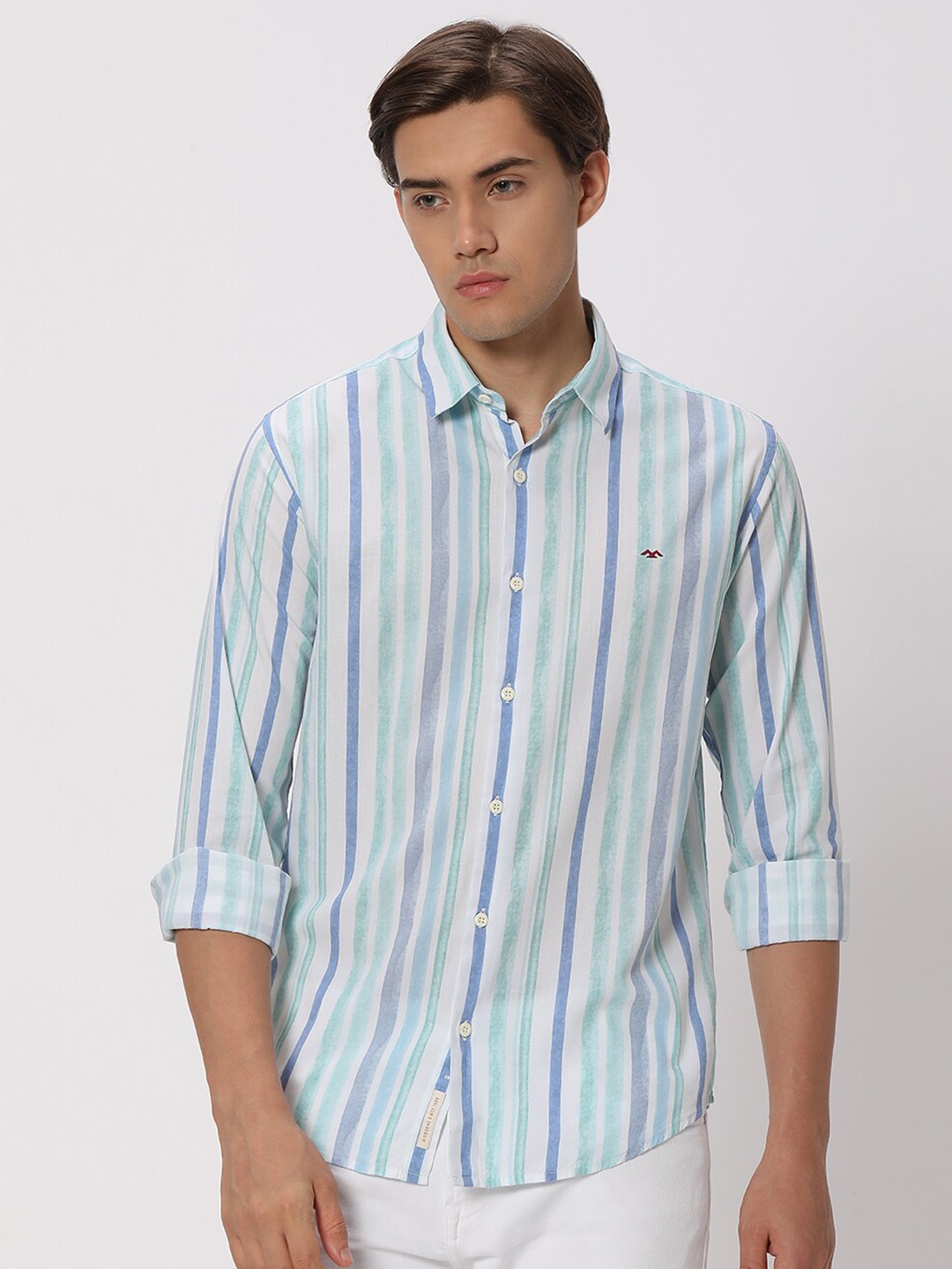 

Mufti Men Lime Green Classic Slim Fit Opaque Striped Casual Shirt