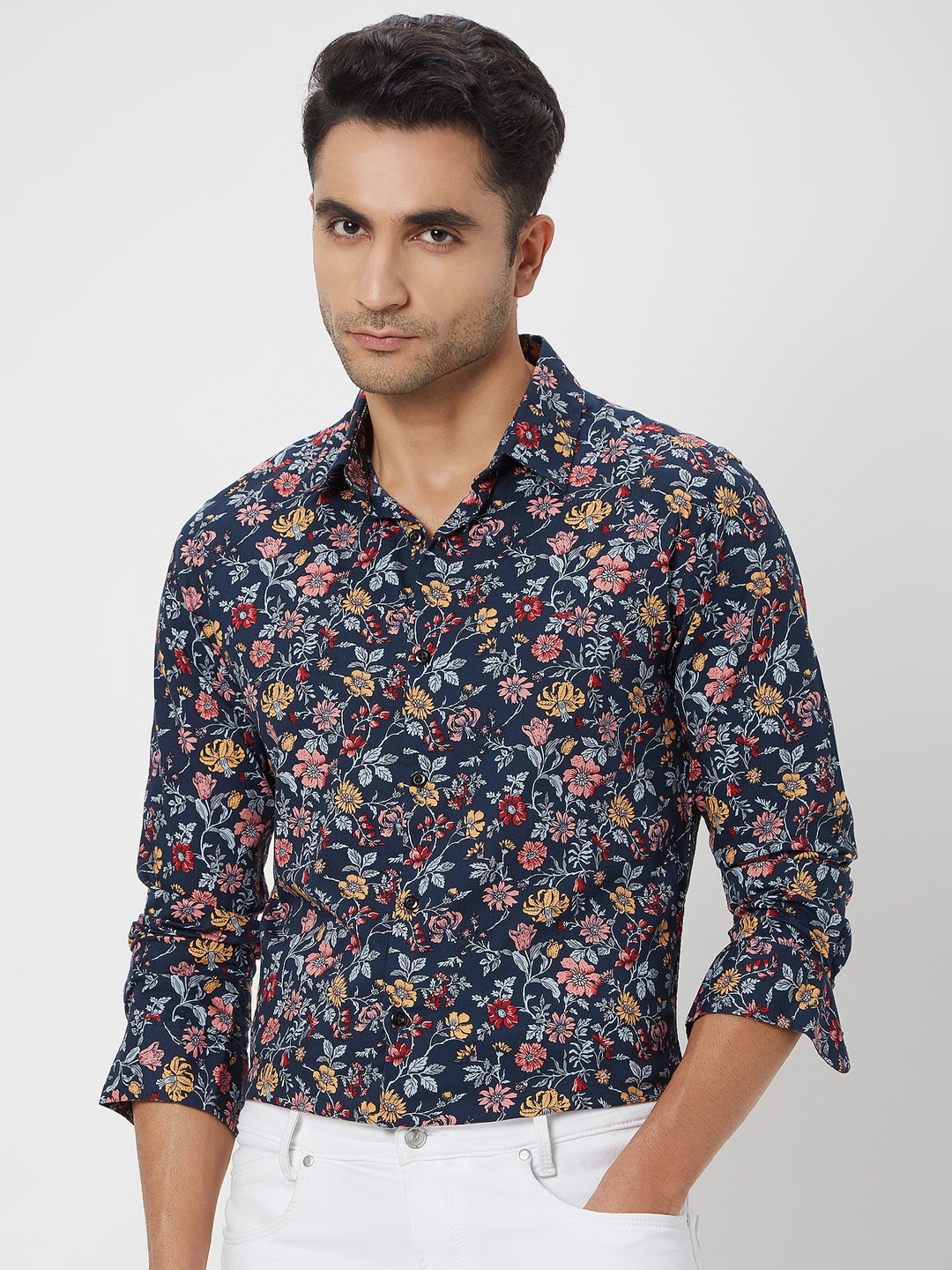 

Mufti Spread Collar Long Sleeves Classic Slim Fit Floral Printed Casual Cotton Shirt, Navy blue