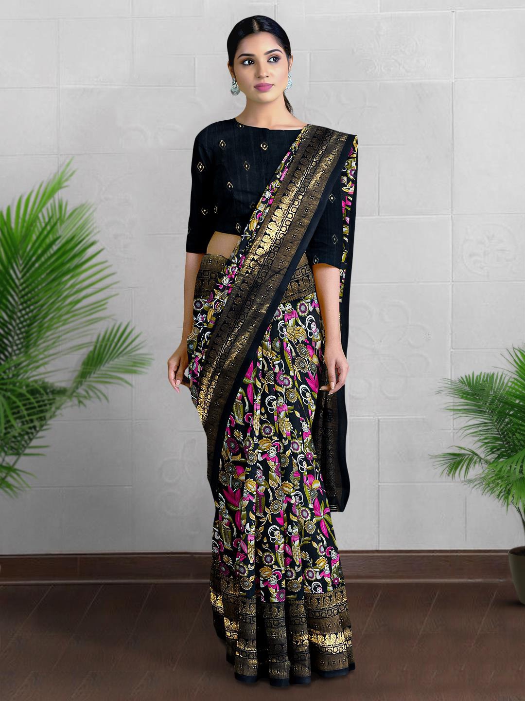 

Kalamandir Kalamkari Printed Zari Saree, Black