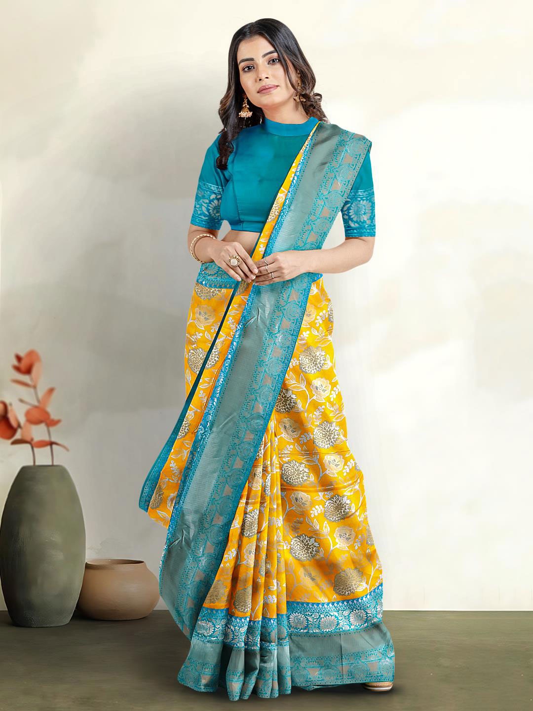 

Kalamandir Floral Printed Zari Border Saree, Yellow