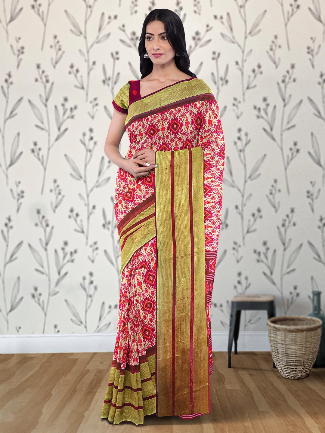 

Kalamandir Ethnic Motifs Silk Blend Saree, Cream