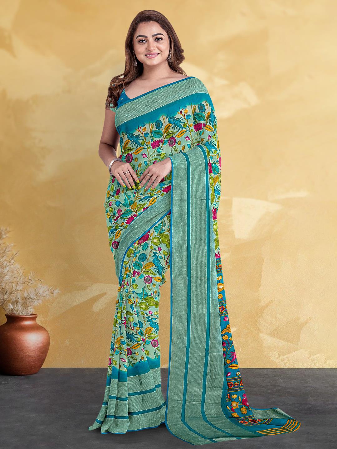 

Kalamandir Floral Printed Zari Saree, Grey