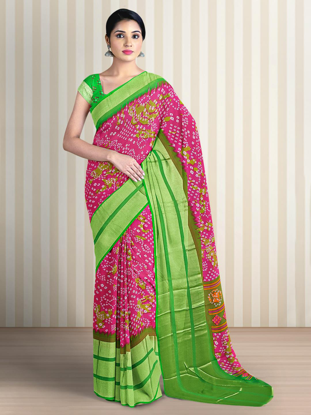 

Kalamandir Bandhani Printed Zari Border Saree, Pink