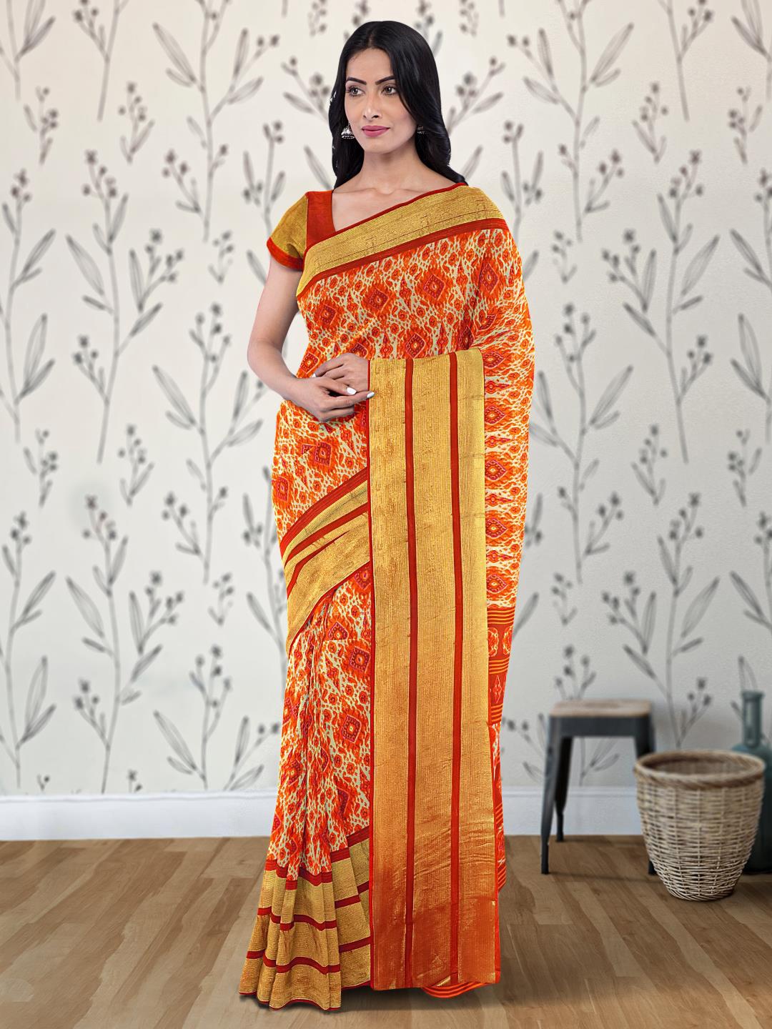 

Kalamandir Ethnic Motifs Silk Blend Saree, Cream