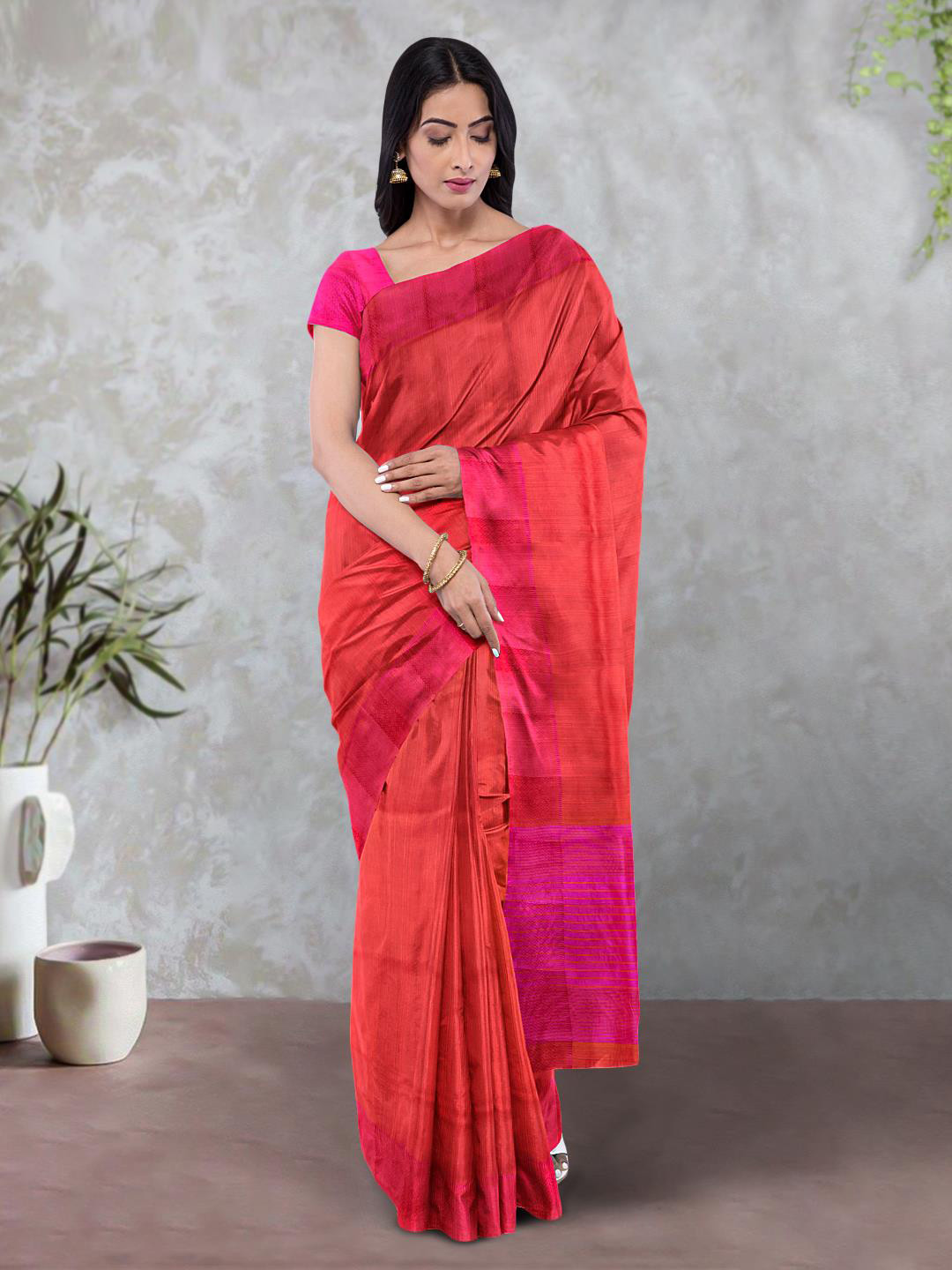 

Kalamandir Striped Tussar Silk Saree, Pink