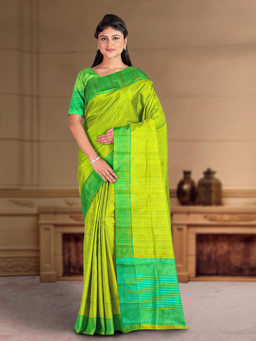

Kalamandir Zari Silk Blend Saree, Olive