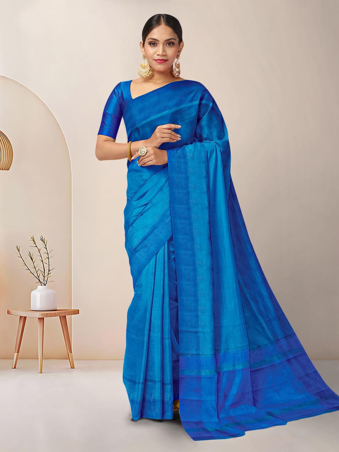 

Kalamandir Striped Tussar Silk Saree, Blue