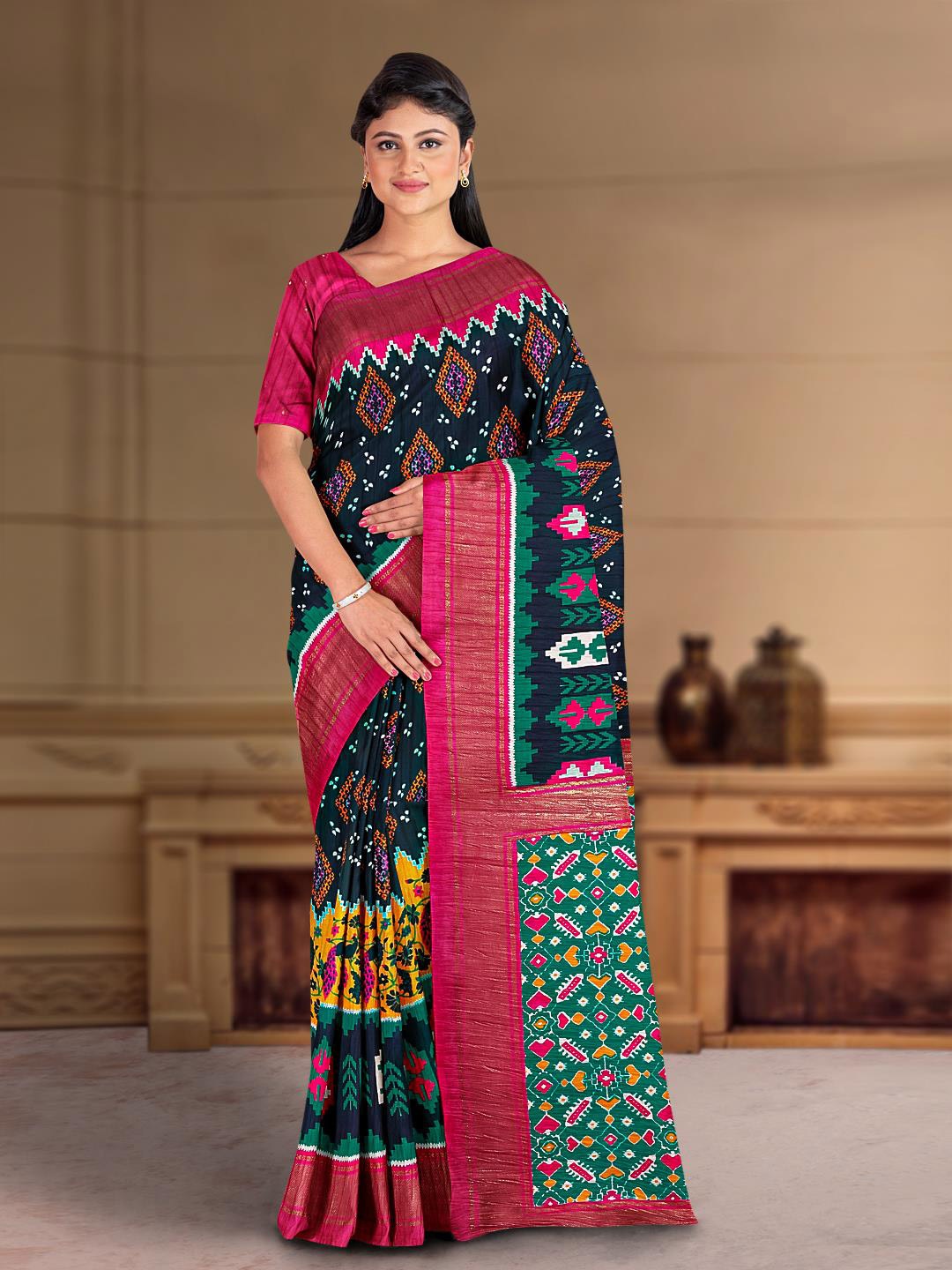 

Kalamandir Ethnic Motifs Zari Silk Blend Saree, Navy blue