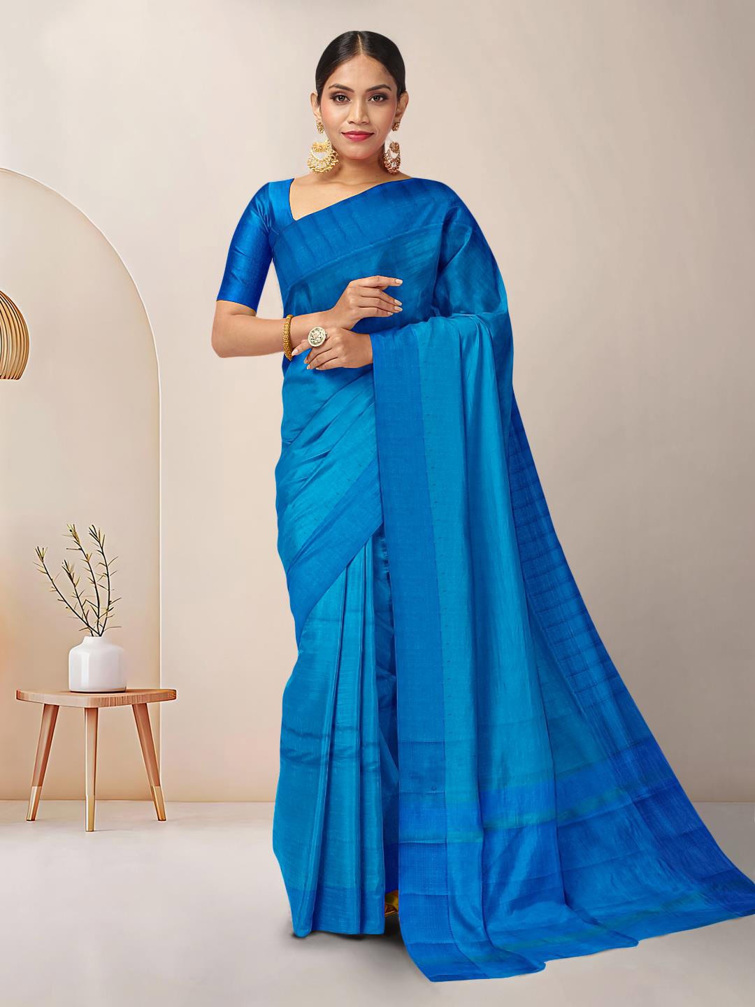 

Kalamandir Tussar Striped Silk Blend Saree, Blue