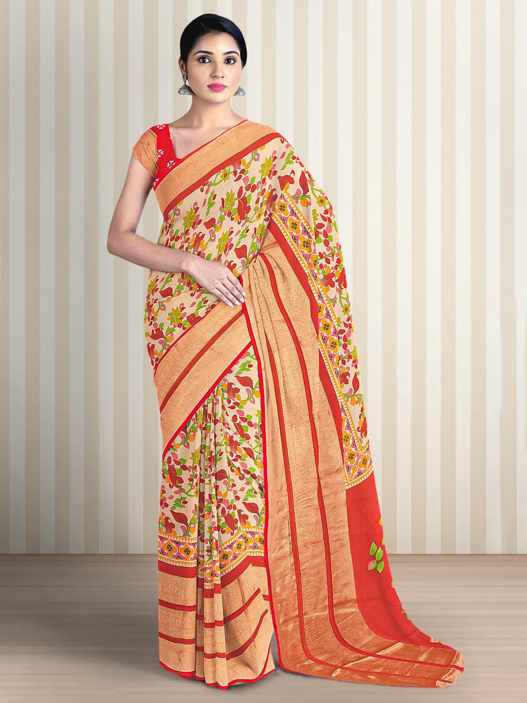 

Kalamandir Floral Zari Silk Blend Saree, Cream
