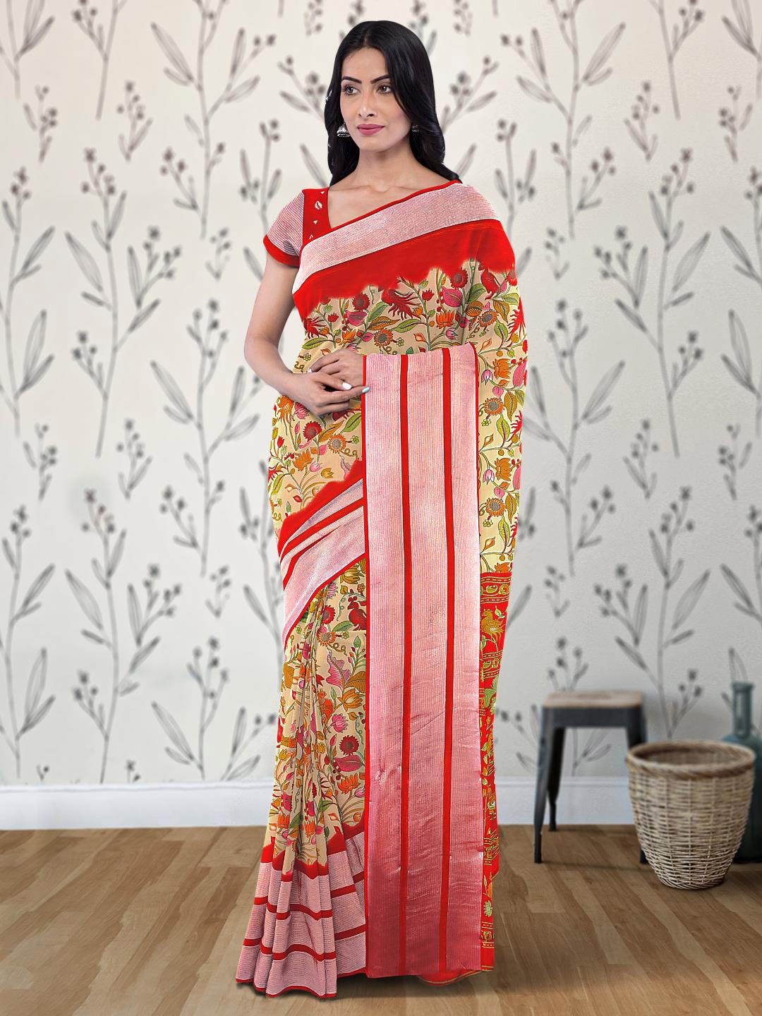 

Kalamandir Floral Printed Zari Silk Blend Saree, Red