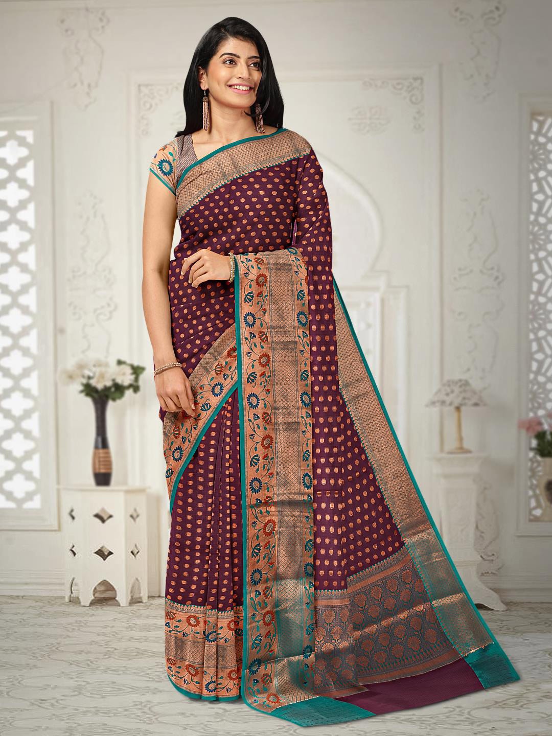 

Kalamandir Polka Dot Printed Zari Saree, Purple