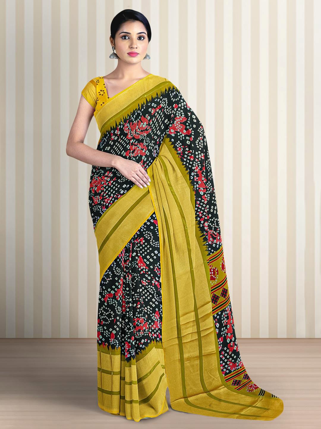 

Kalamandir Bandhani Printed Zari Saree, Black