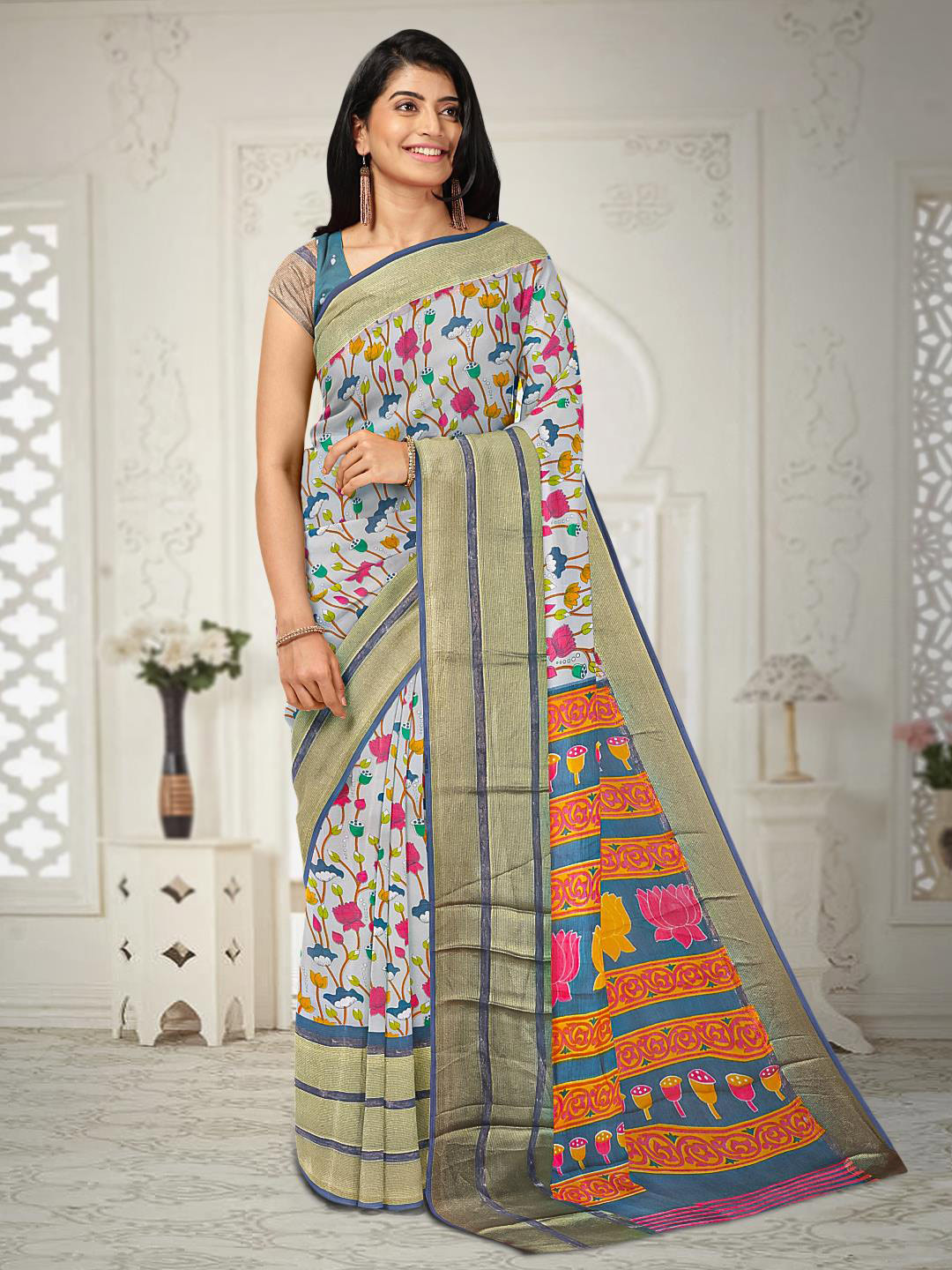

Kalamandir Floral Printed Zari Border Saree, Grey