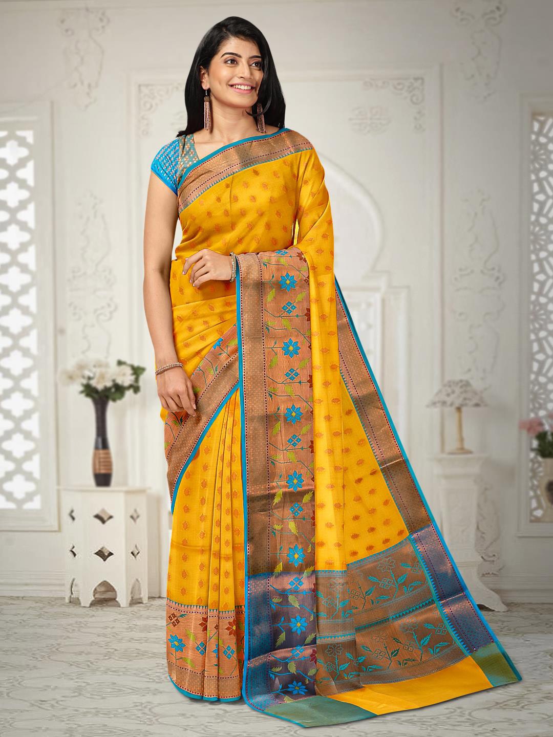 

Kalamandir Woven Design Zari Silk Blend Saree, Mustard