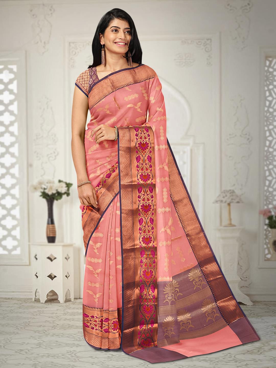 

Kalamandir Floral Woven Design Zari Saree, Peach