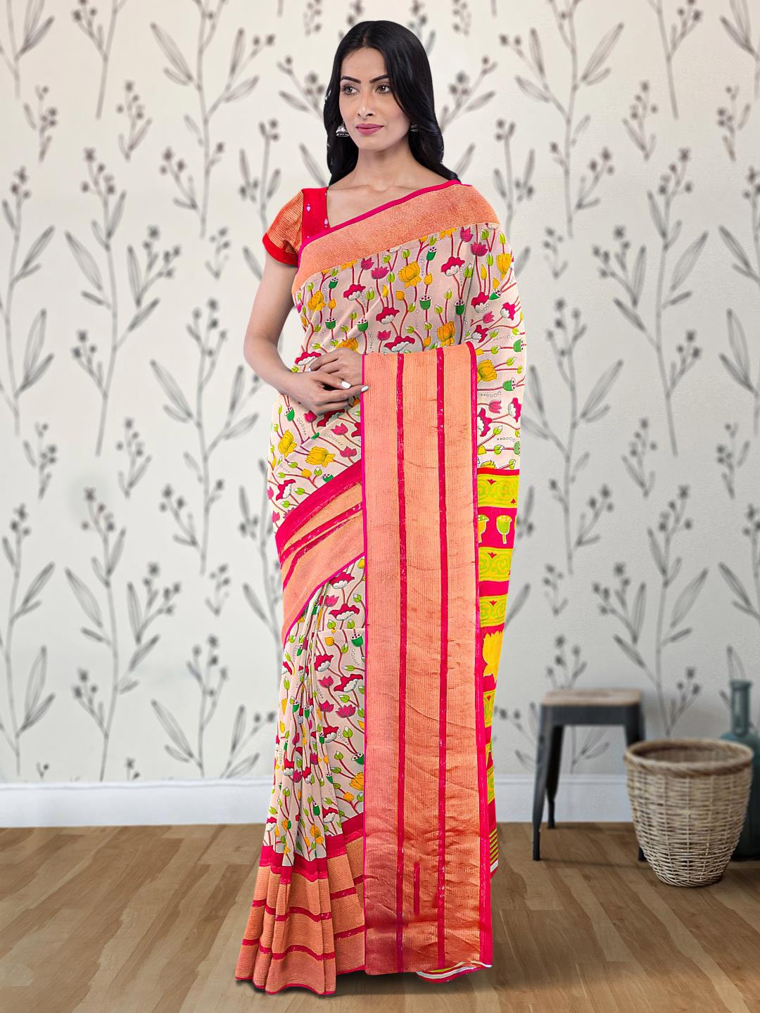 

Kalamandir Floral Printed Zari Silk Blend Saree, Pink