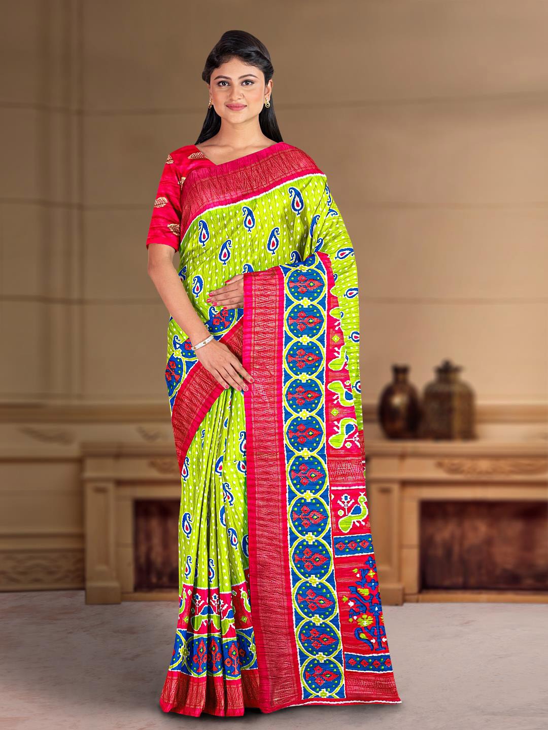 

Kalamandir Ethnic Motifs Printed Zari Silk Blend Saree, Green