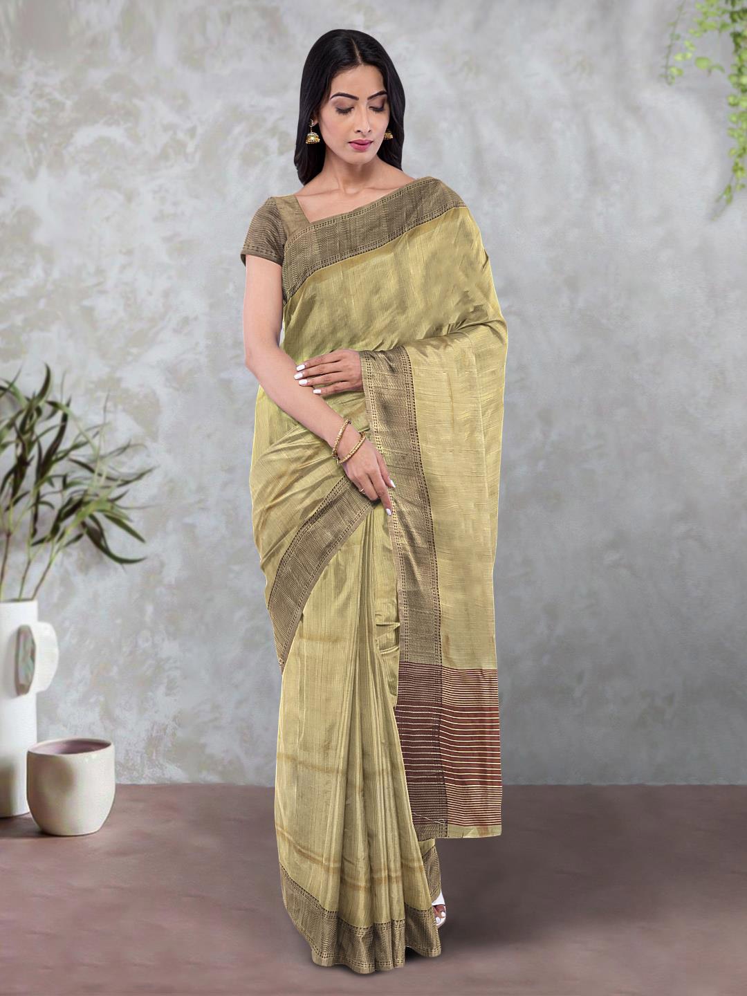 

Kalamandir Silk Blend Saree With Striped Border, Beige