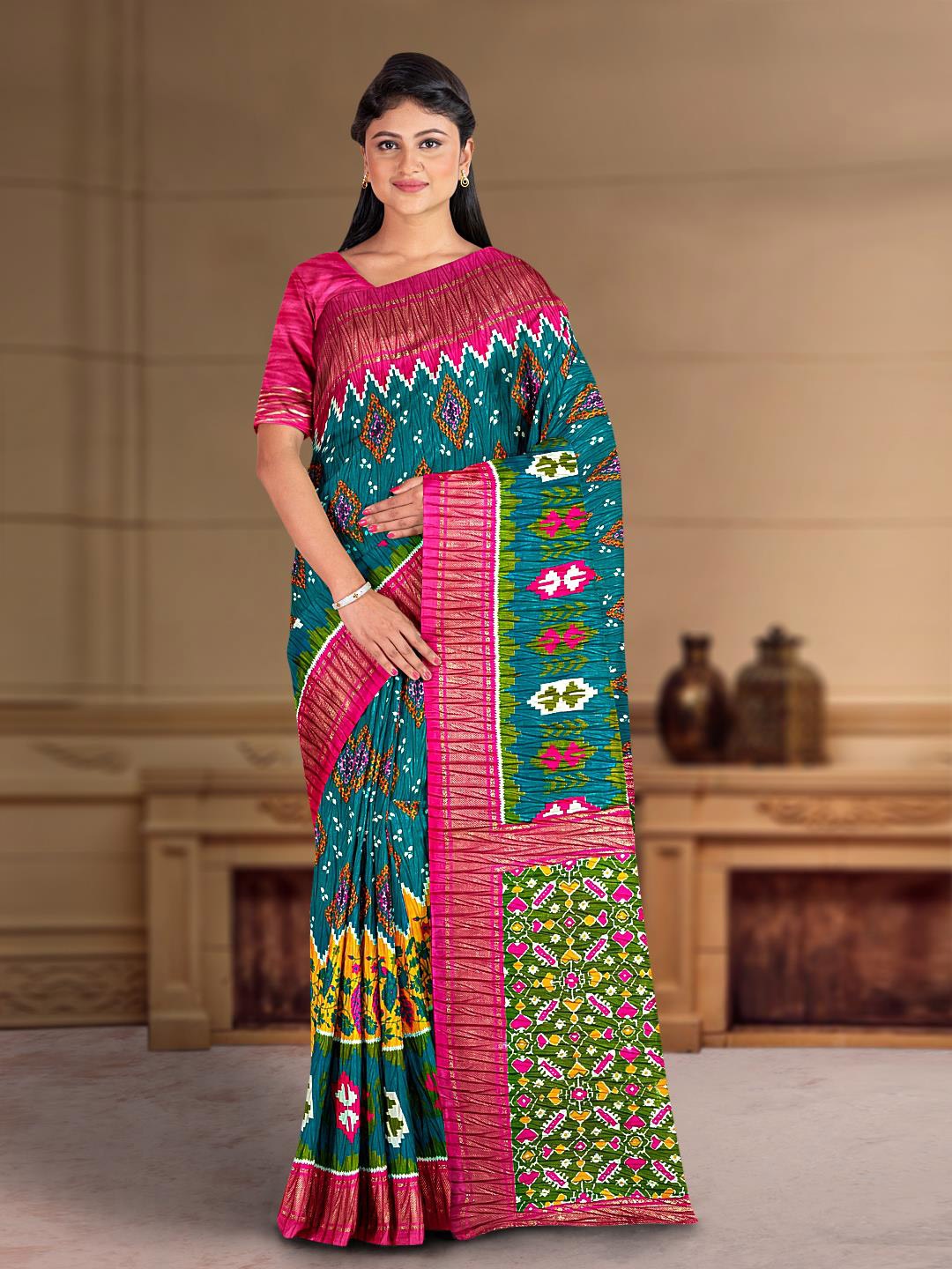 

Kalamandir Ethnic Motifs Zari Silk Blend Saree, Teal