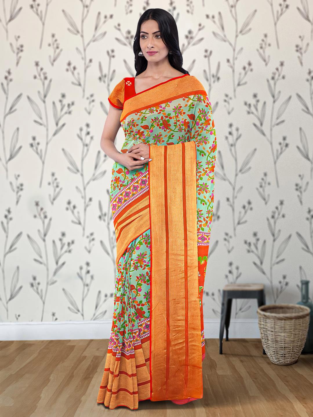 

Kalamandir Floral Printed Zari Festive Saree, Green