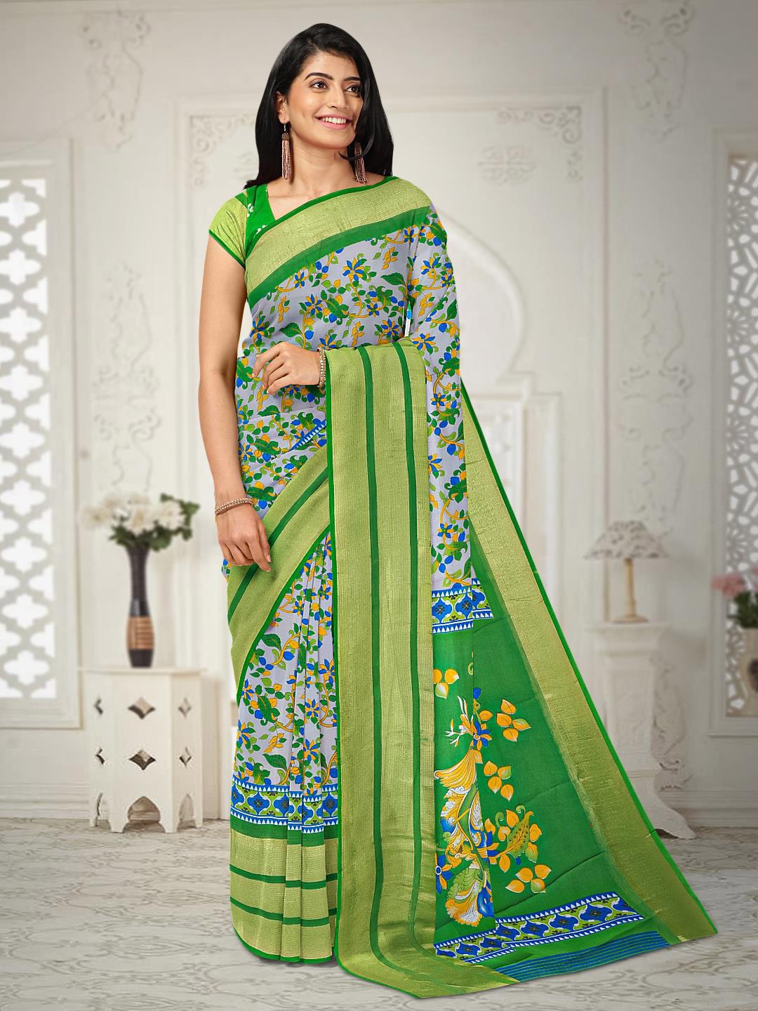 

Kalamandir Floral Printed Zari Festive Saree, Green