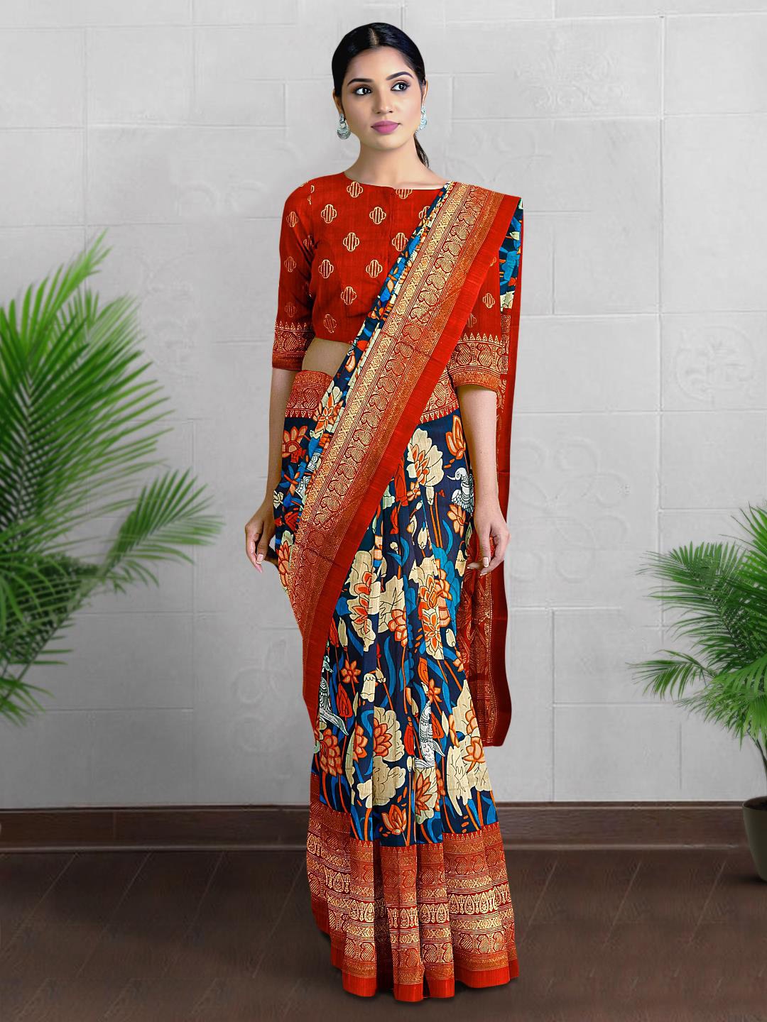 

Kalamandir Ethnic Motifs Printed Zari Festive Saree, Navy blue