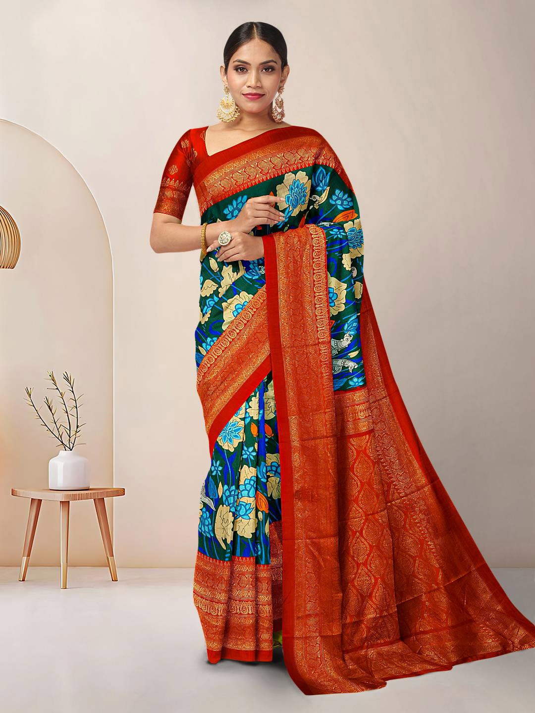 

Kalamandir Ethnic Motifs Printed Zari Festive Saree, Green