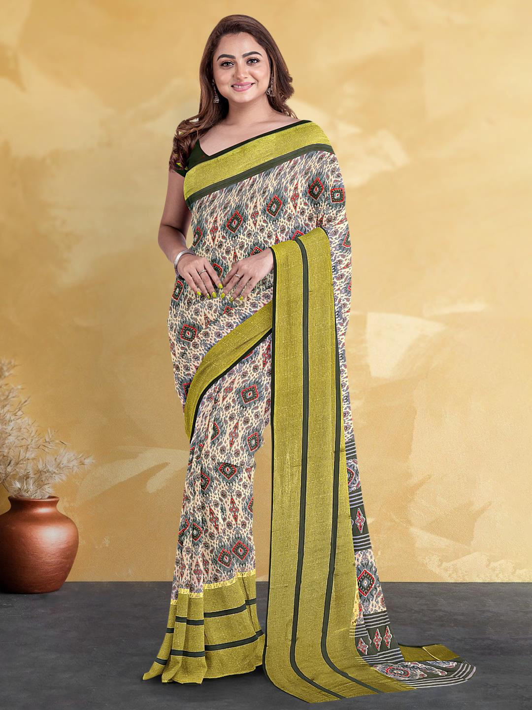 

Kalamandir Ethnic Motifs Printed Zari Saree, Cream