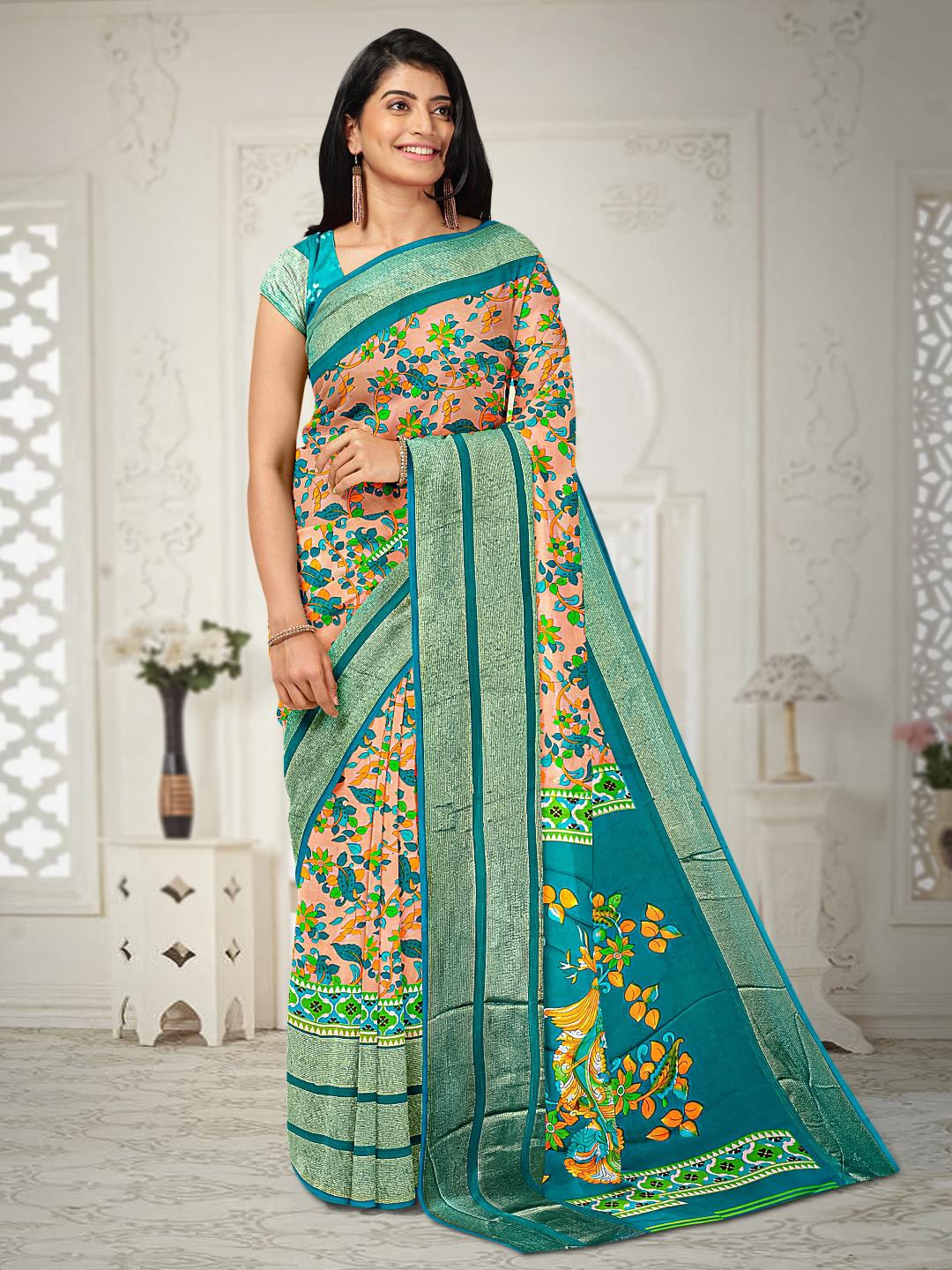 

Kalamandir Ethnic Motifs Printed Zari Saree, Peach