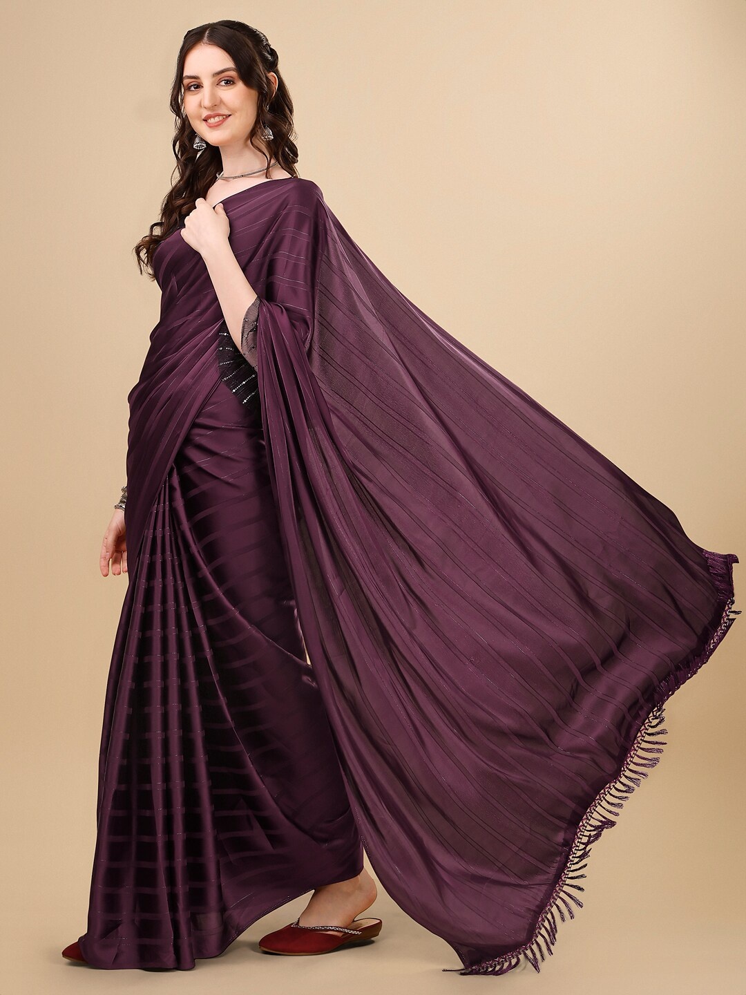

FABMORA Striped Festive Saree, Purple