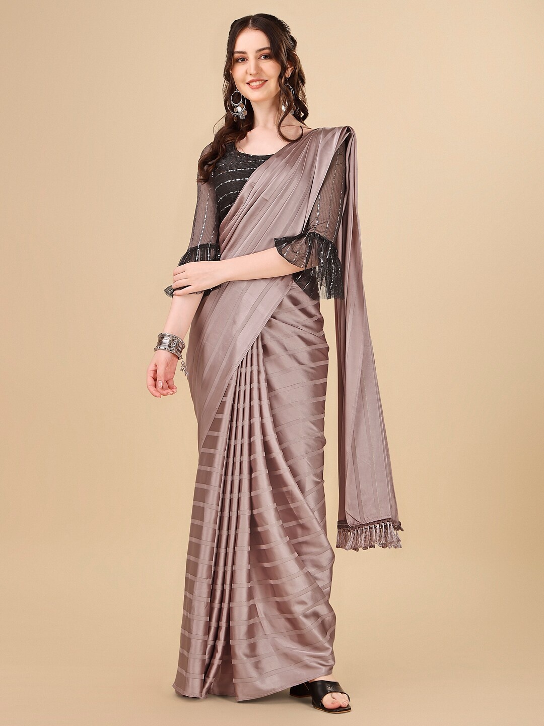 

FABMORA Striped Festive Saree, Mauve