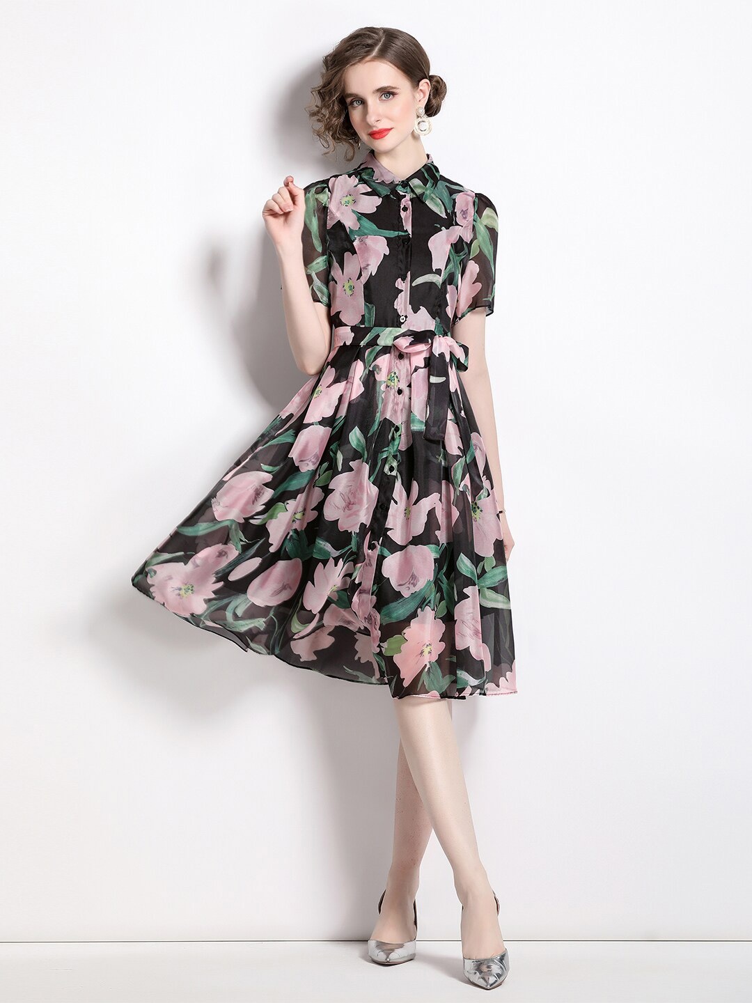 

JC Collection Floral Print Fit & Flare Dress, Black
