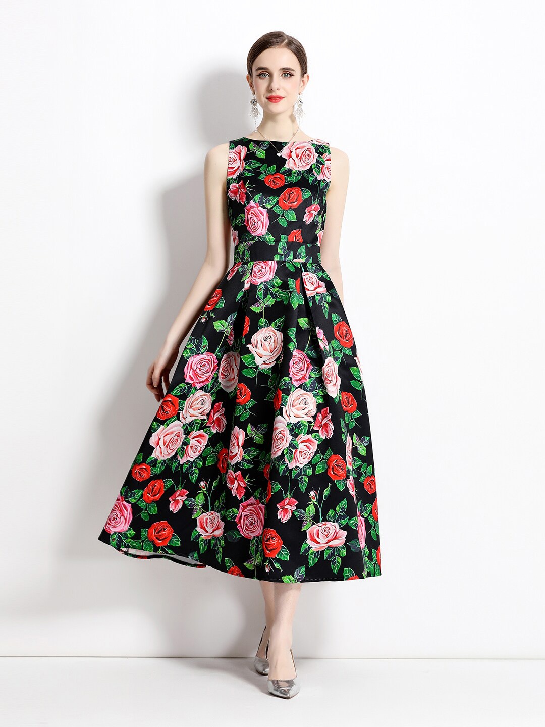 

JC Collection Floral Printed Boat Neck Fit & Flare Maxi Dress, Black