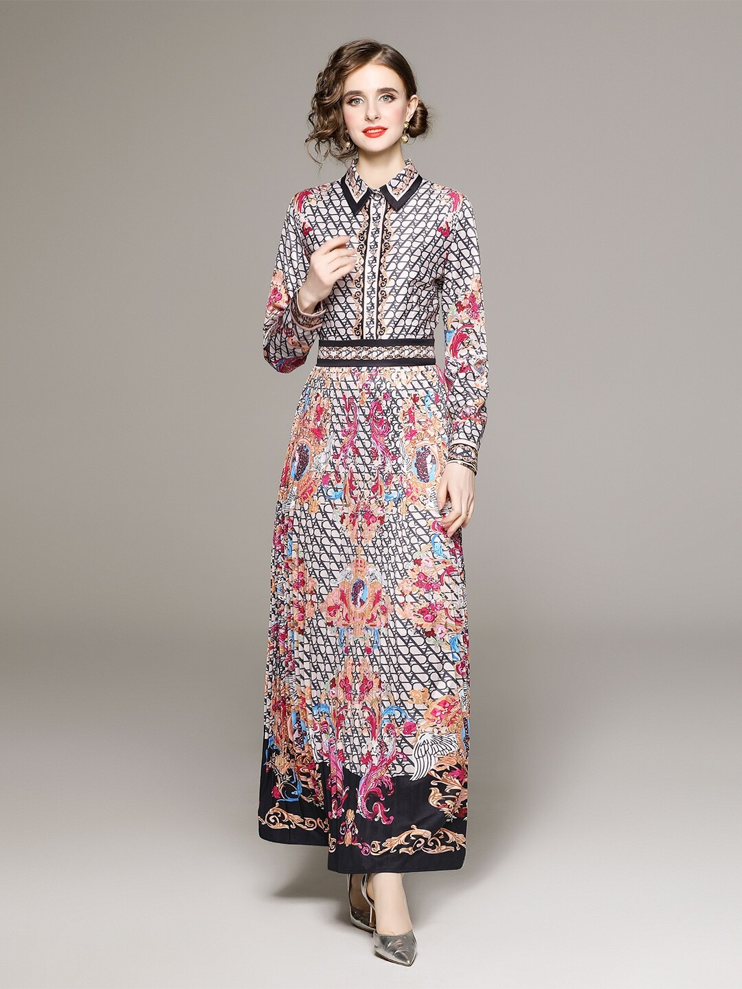 

JC Collection Floral Printed Shirt Collar Cuffed Sleeve Maxi Dress, Black