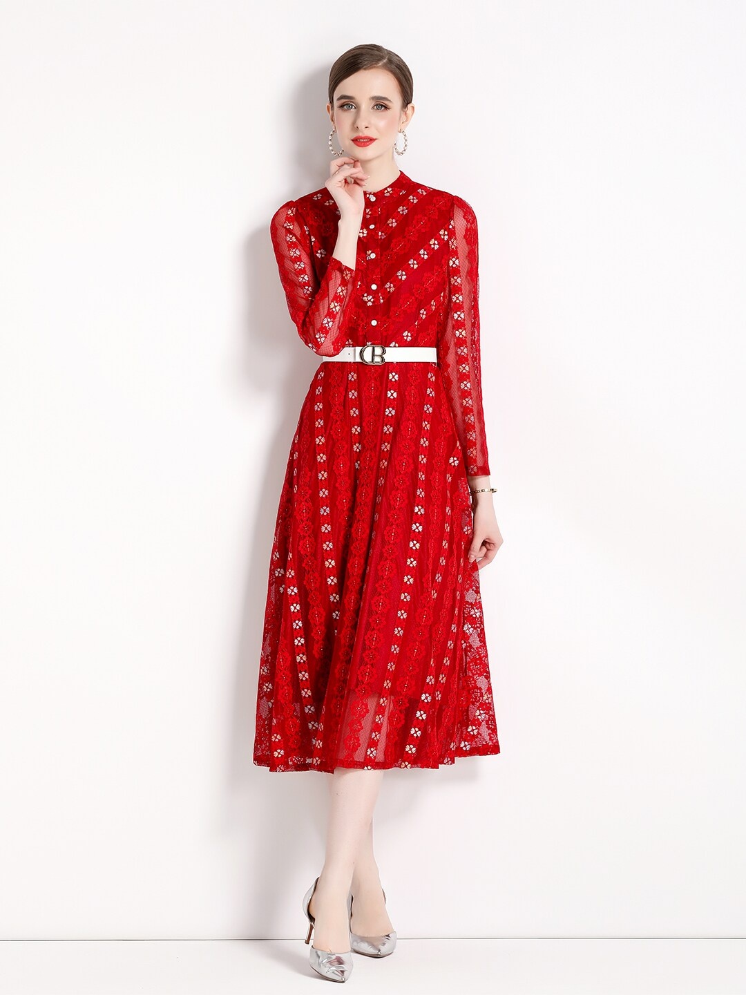 

JC Collection Self Designed Band Collar Fit & Flare Midi Dress, Maroon