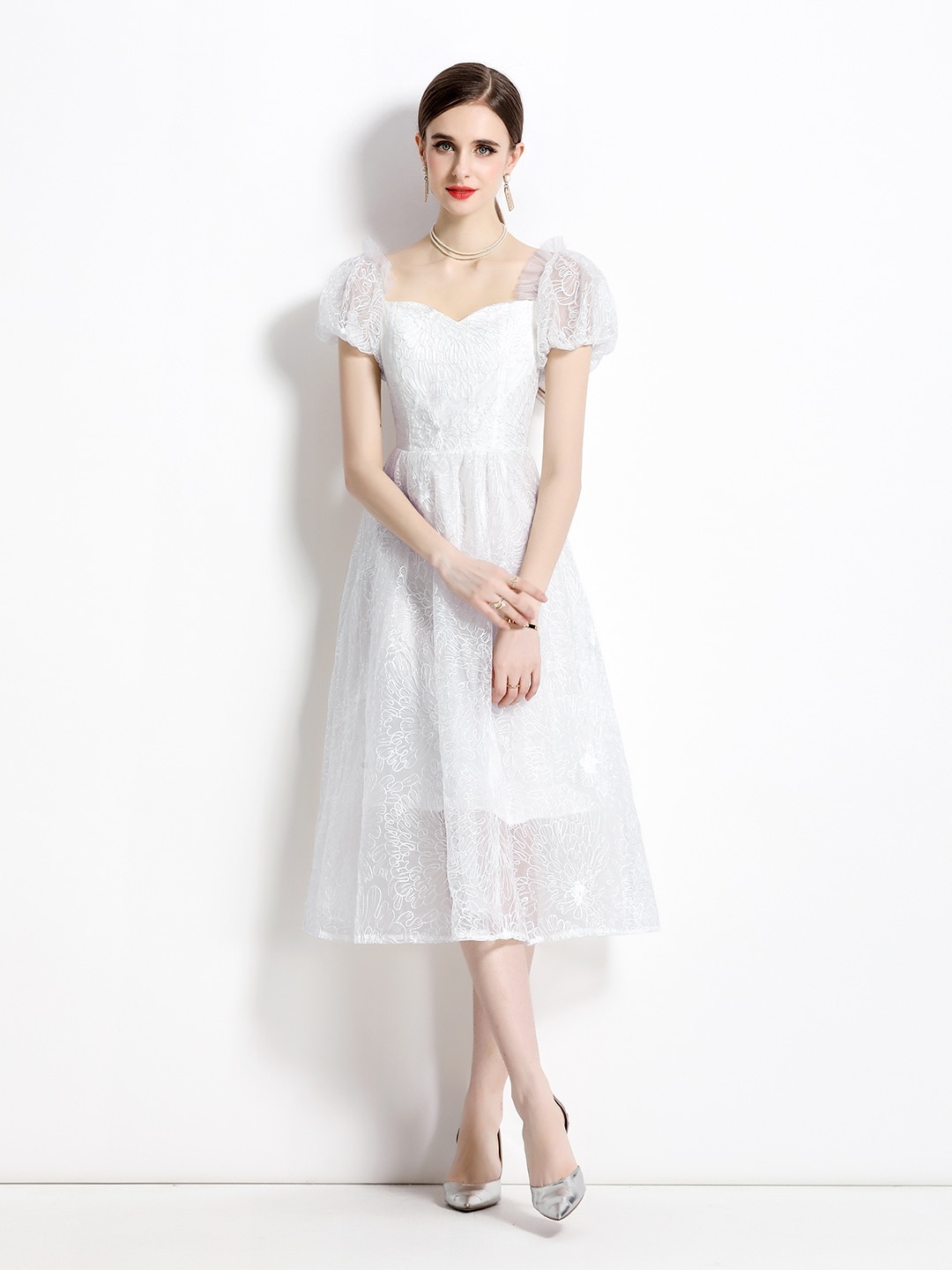 

JC Collection White Puff Sleeve Fit & Flare Midi Dress