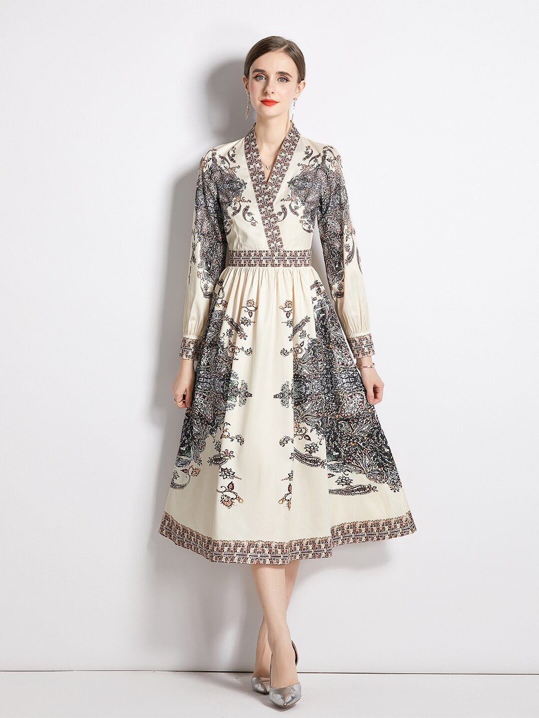 

JC Collection Ethnic Motifs Print A-Line Midi Dress, Beige