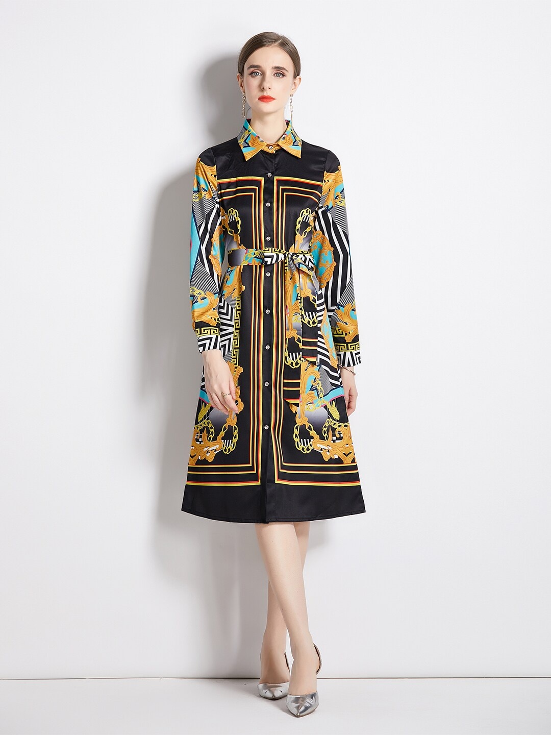 

JC Collection Geometric Printed Cuffed Sleeve Shirt Midi Dress, Black