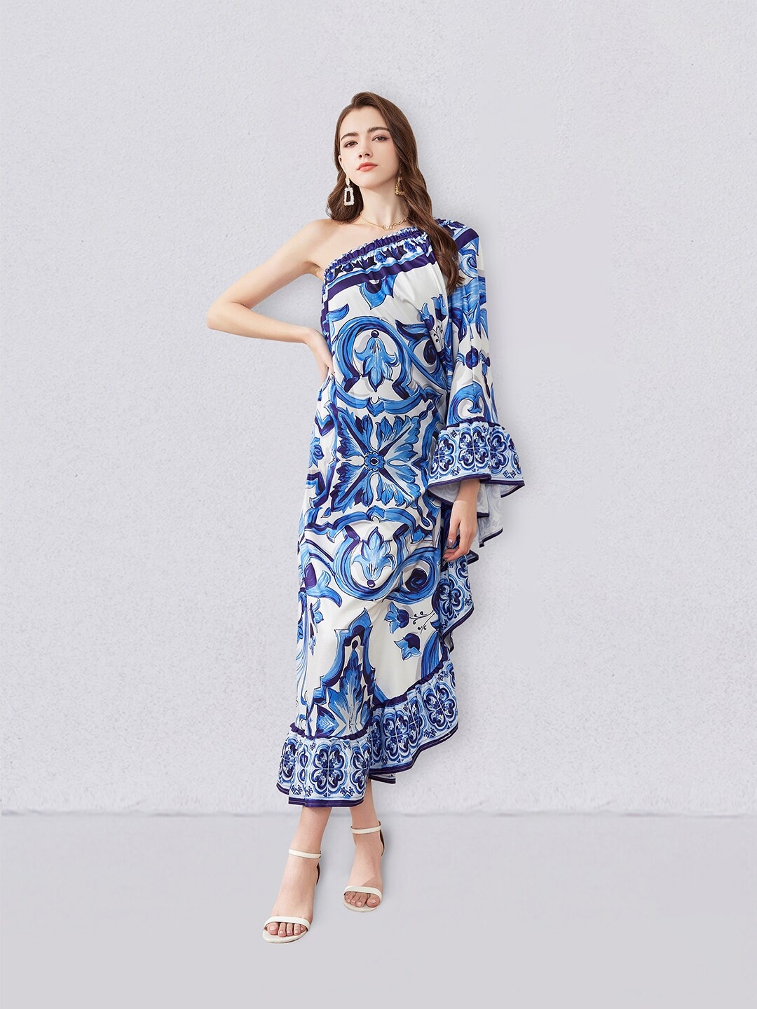 

JC Collection Ethnic Motifs Print Bell Sleeve Maxi Midi Dress, Blue