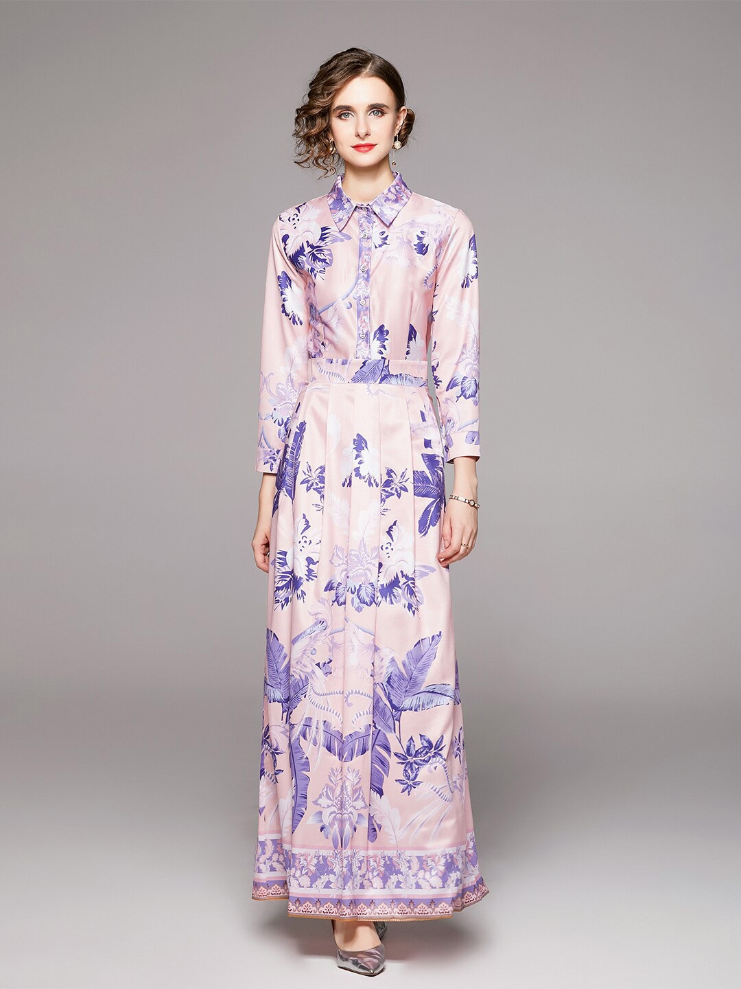 

JC Collection Floral Printed Shirt Collar Cuffed Sleeves Maxi Dress, Pink