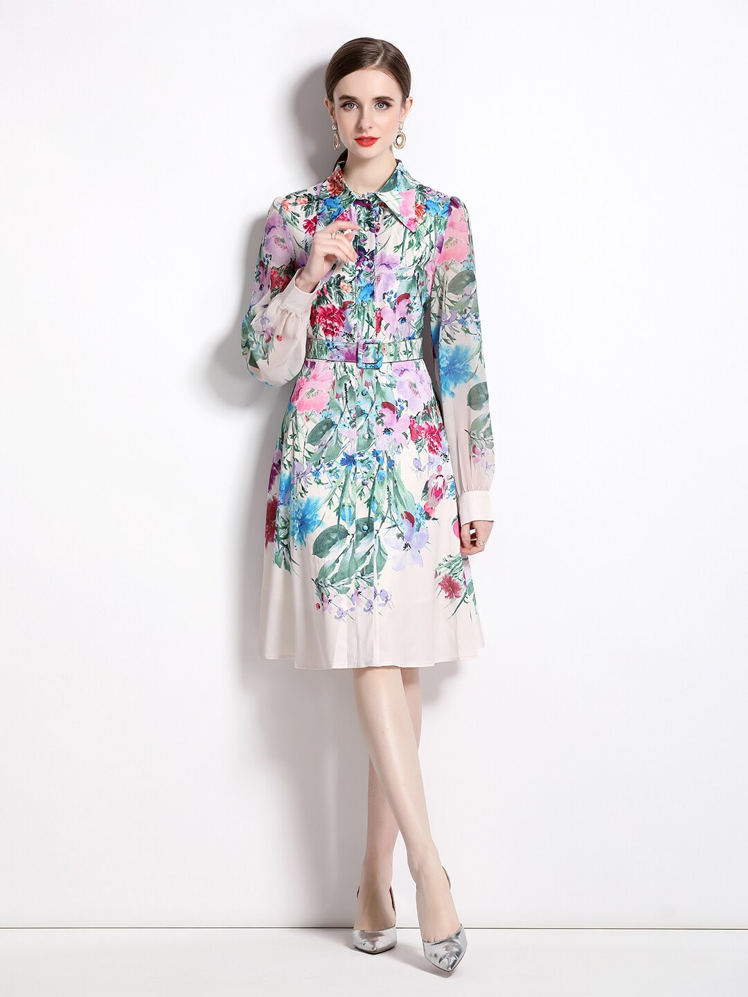 

JC Collection Floral Printed Cuffed Sleeve Shirt Dress, White