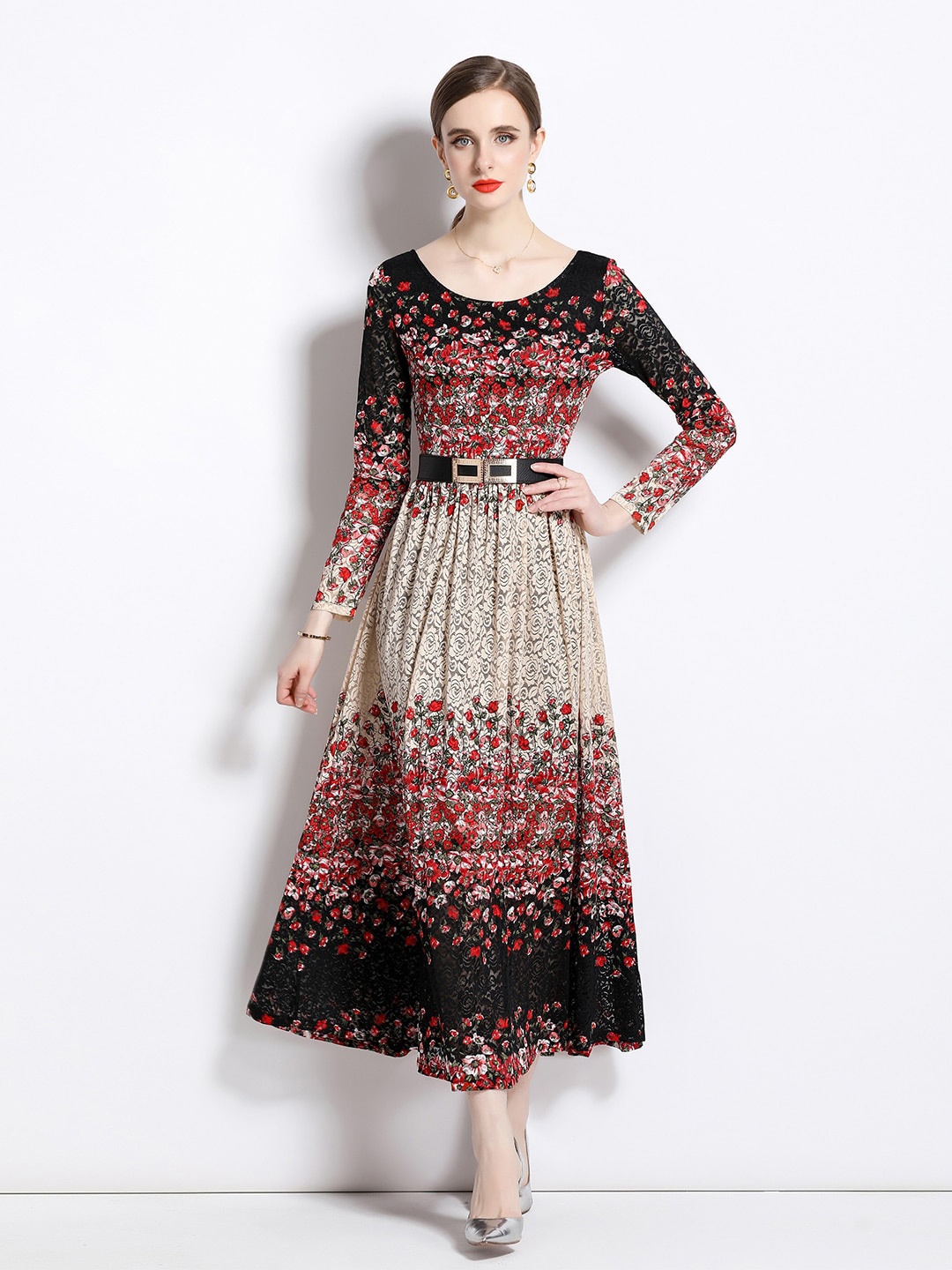 

JC Collection Self Designed Round Neck Full Sleeves Maxi Dress, Beige