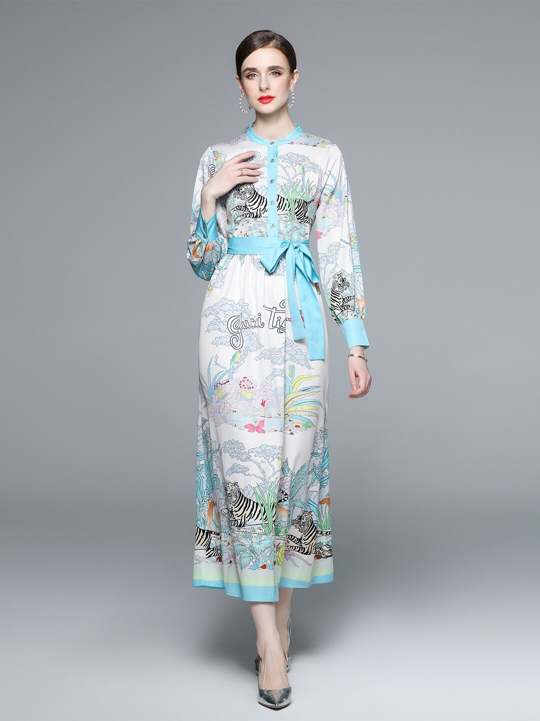 

JC Collection Graphic Printed Cuffed Sleeve & Tie Up Detailed Fit & Flare Dress, White