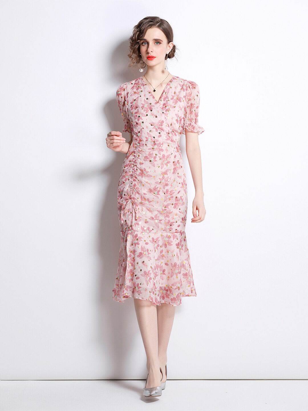 

JC Collection Floral Printed Ruched Wrap Midi Dress, White