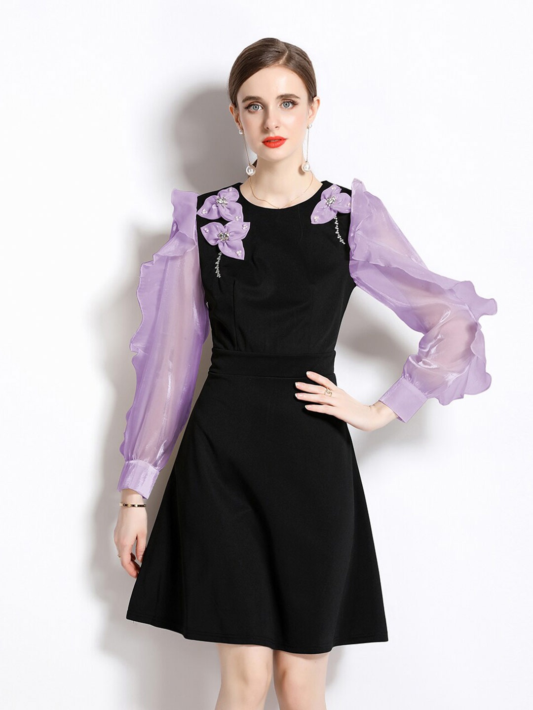 

JC Collection Round Neck Bishop Sleeve Corsage A-Line Dress, Purple