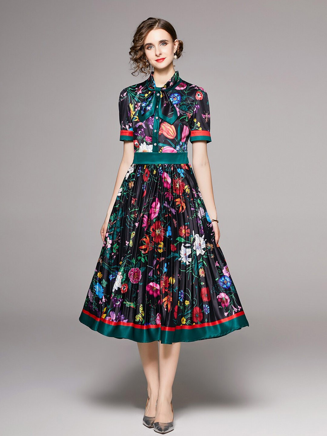 

JC Collection Floral Printed Accordion Pleated Shirt Midi Dress, Black